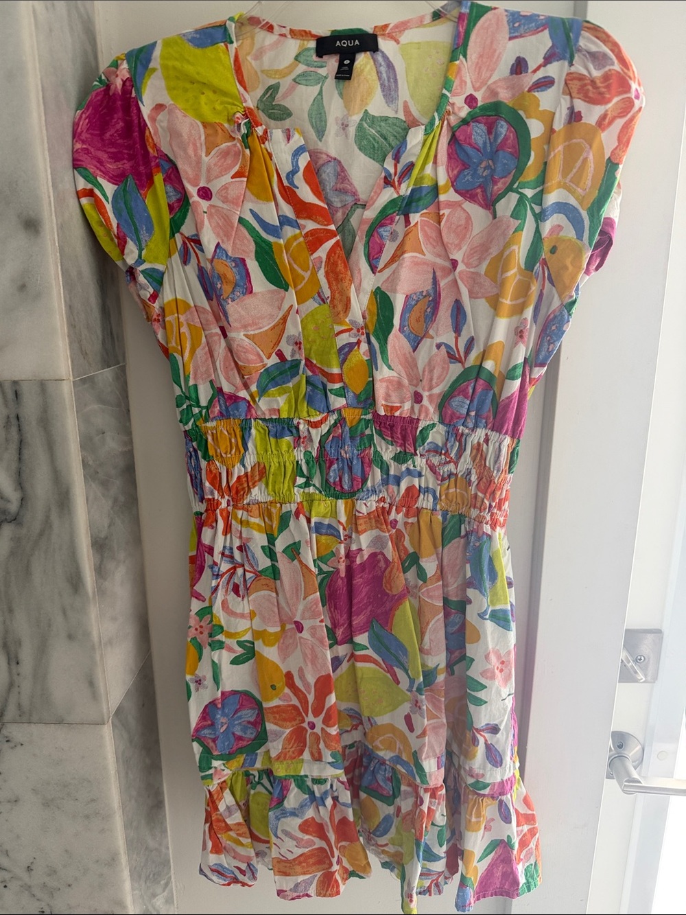Aqua White Multicolor Floral Wrap-Style Mini Dress